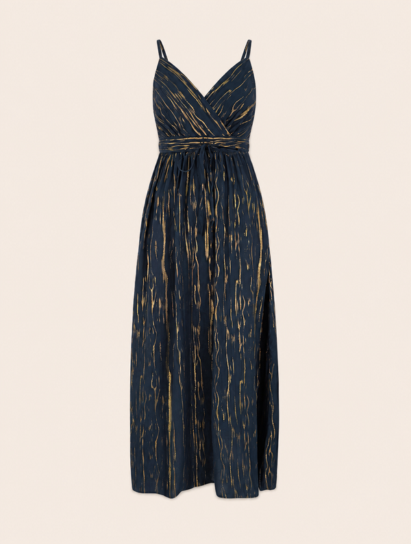 Vestido Azul Noche con Detalle Brillante y Cintura Elástica