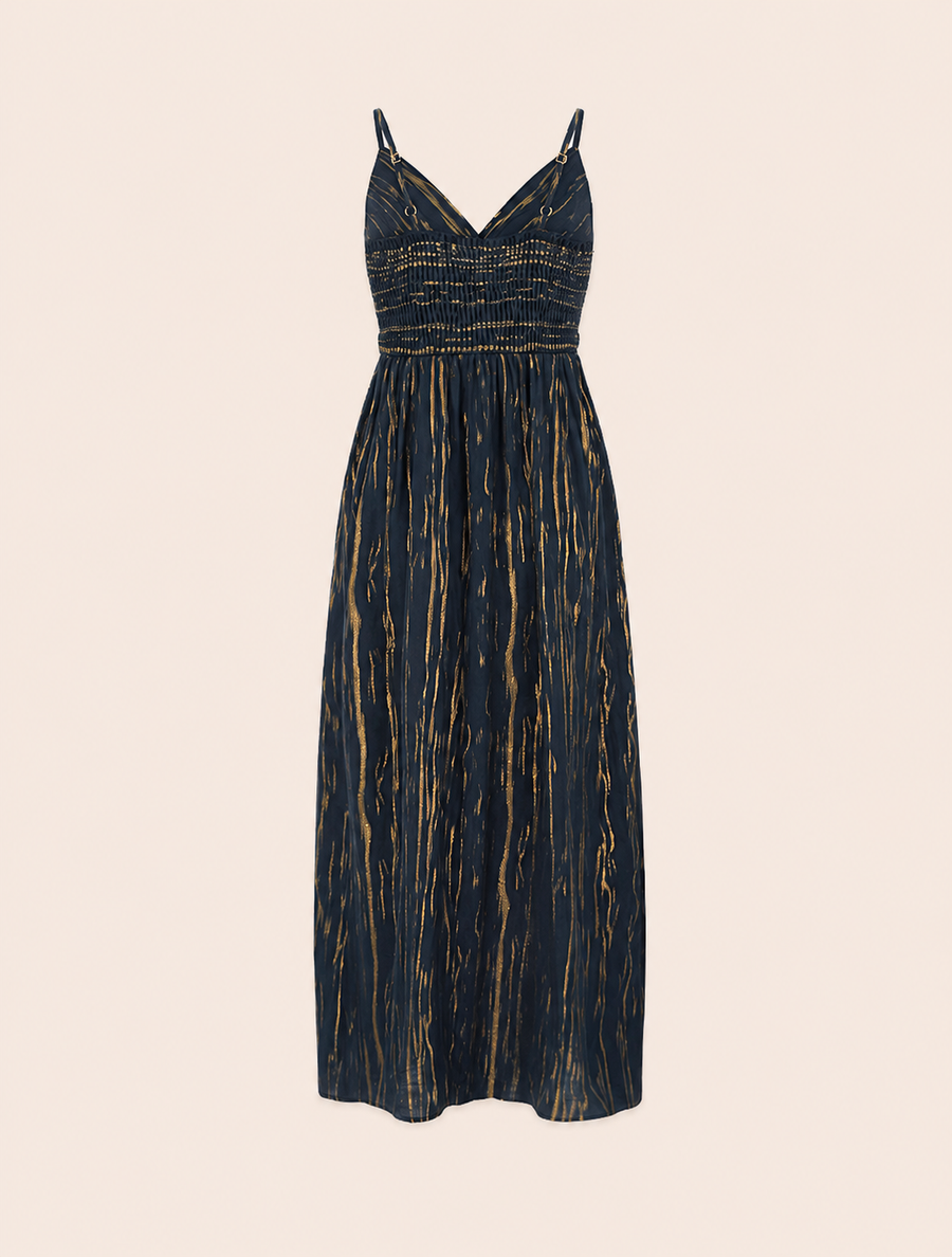 Vestido Azul Noche con Detalle Brillante y Cintura Elástica