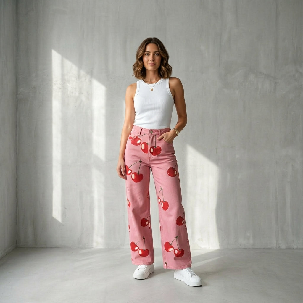 Pantalones Vaqueros Anchos con Estampado de Cerezas Estilo Dulce