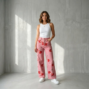 Pantalones Vaqueros Anchos con Estampado de Cerezas Estilo Dulce