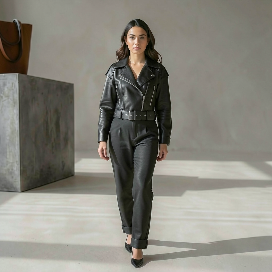 Chaqueta corta de cuero con cinturón