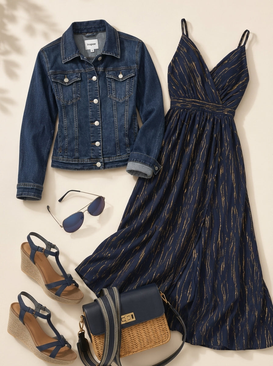 Conjunto Ninia | Vestido largo dorado con cazadora denim