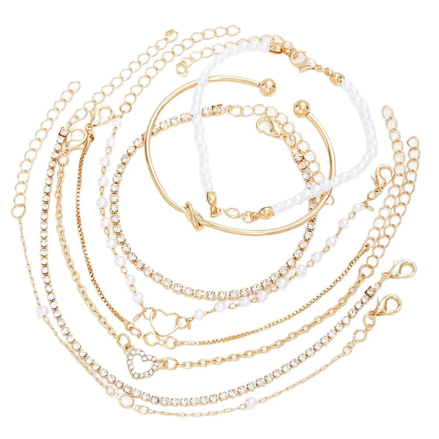 8 Pulseras Elegantes Apilables con Forma de Corazón y Pedrería