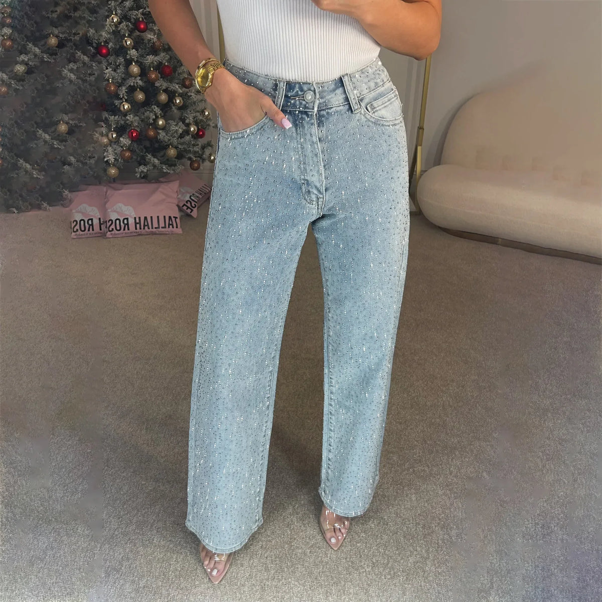 Pantalones vaqueros de cintura alta con diamantes