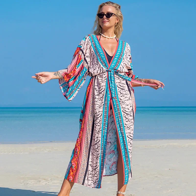 Málaga | Kimono Versátil Tejido Japonés · Turquesa Coral