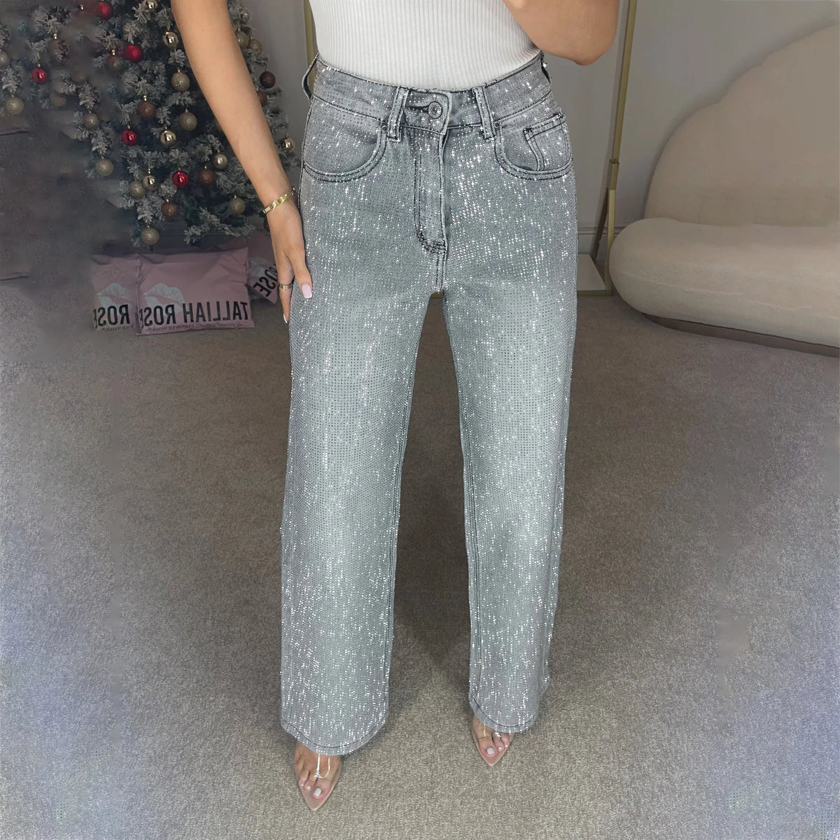 Pantalones vaqueros de cintura alta con diamantes