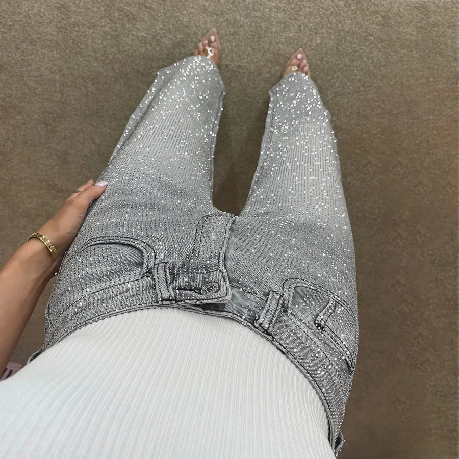 Pantalones vaqueros de cintura alta con diamantes