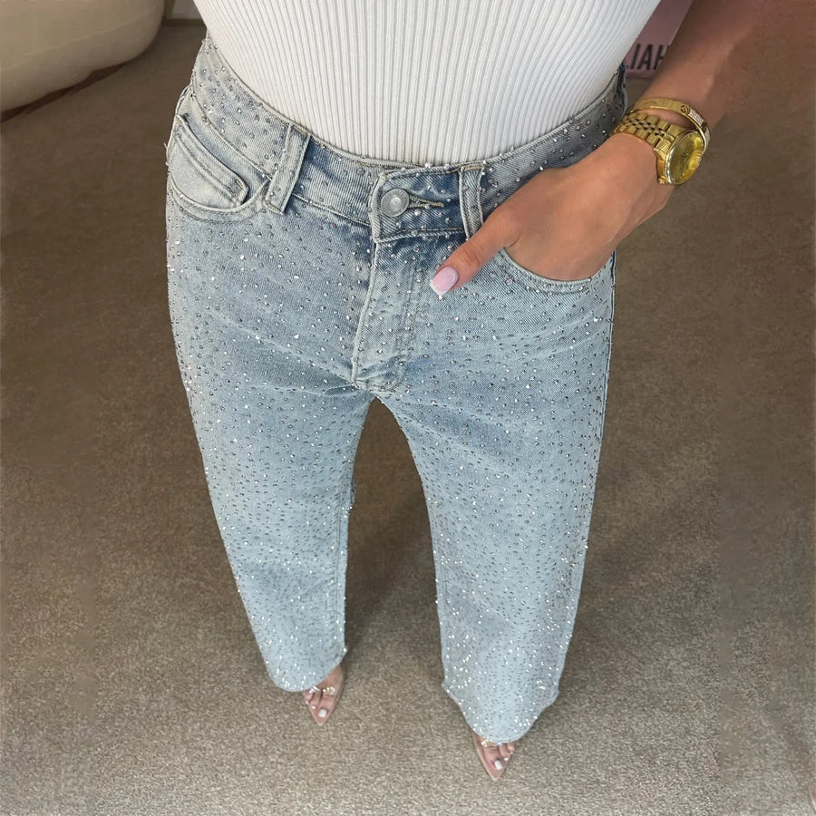 Pantalones vaqueros de cintura alta con diamantes