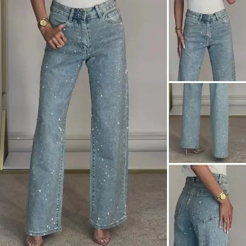 Pantalones vaqueros de cintura alta con diamantes