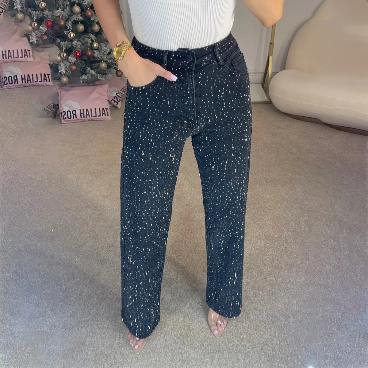 Pantalones vaqueros de cintura alta con diamantes
