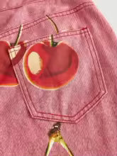 Pantalones Vaqueros Anchos con Estampado de Cerezas Estilo Dulce
