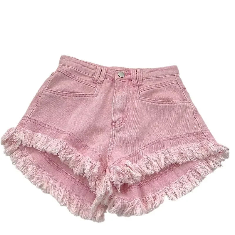 Shorts de mezclilla de cintura alta con flecos